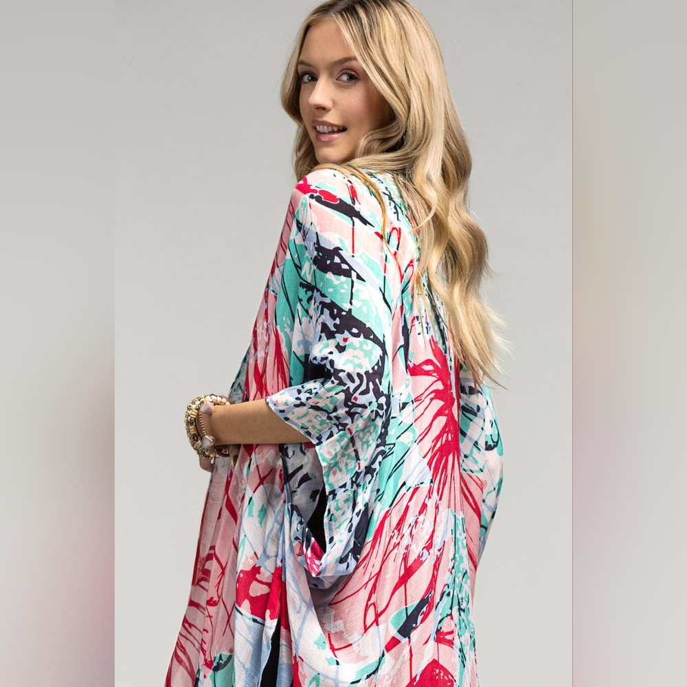 Large Flower Print Kimono w Side Slits - Lightweight Silky Material - Picture 2 of 4